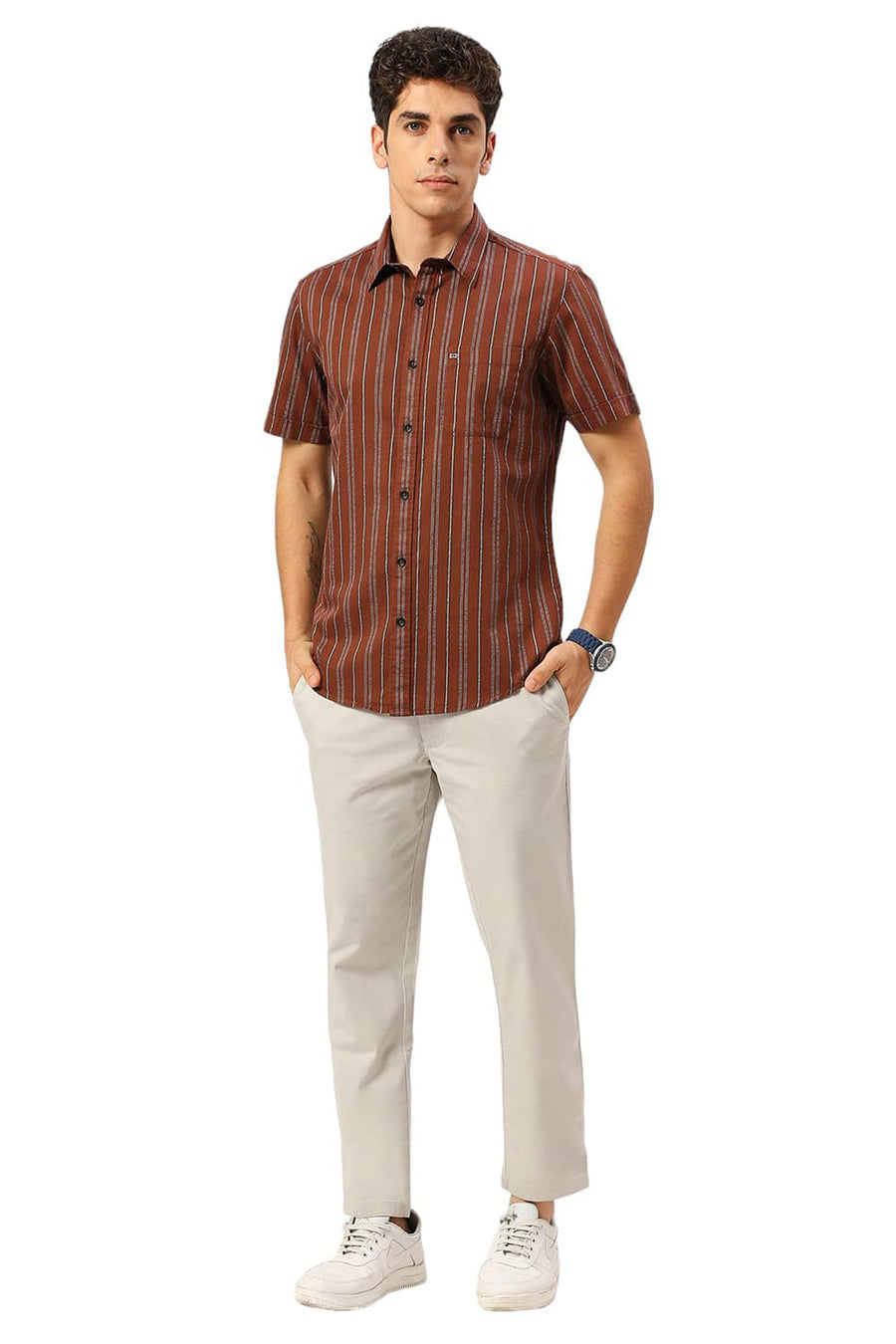 BASICS SLIM FIT BISON BROWN COTTON GRINDLE STRIPE HALFSLEEVES SHIRT