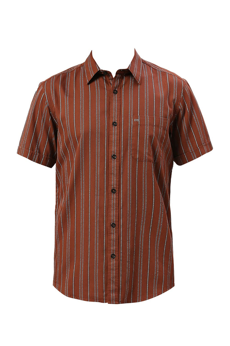 BASICS SLIM FIT BISON BROWN COTTON GRINDLE STRIPE HALFSLEEVES SHIRT