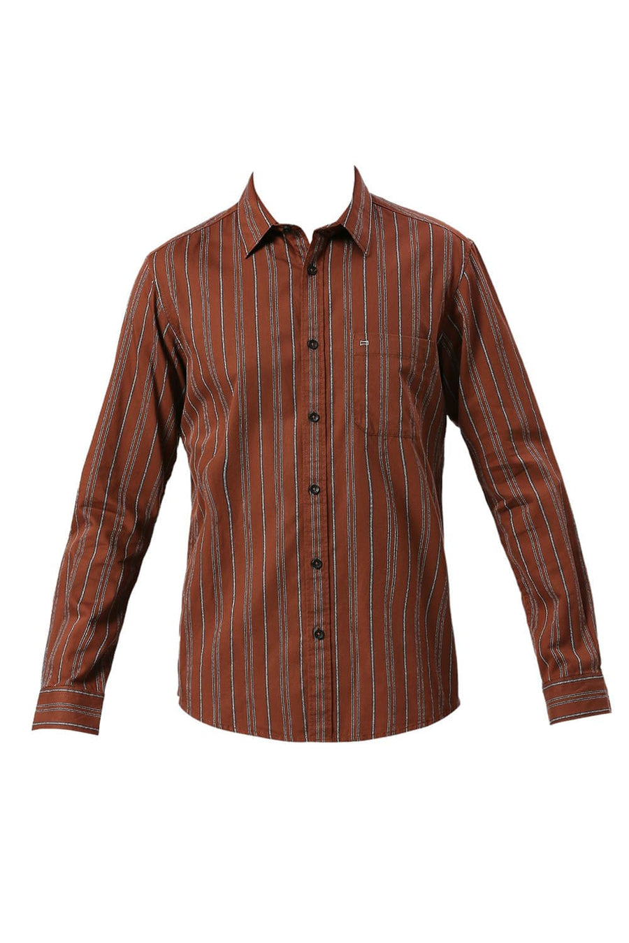 BASICS SLIM FIT BISON BROWN COTTON GRINDLE STRIPE SHIRT