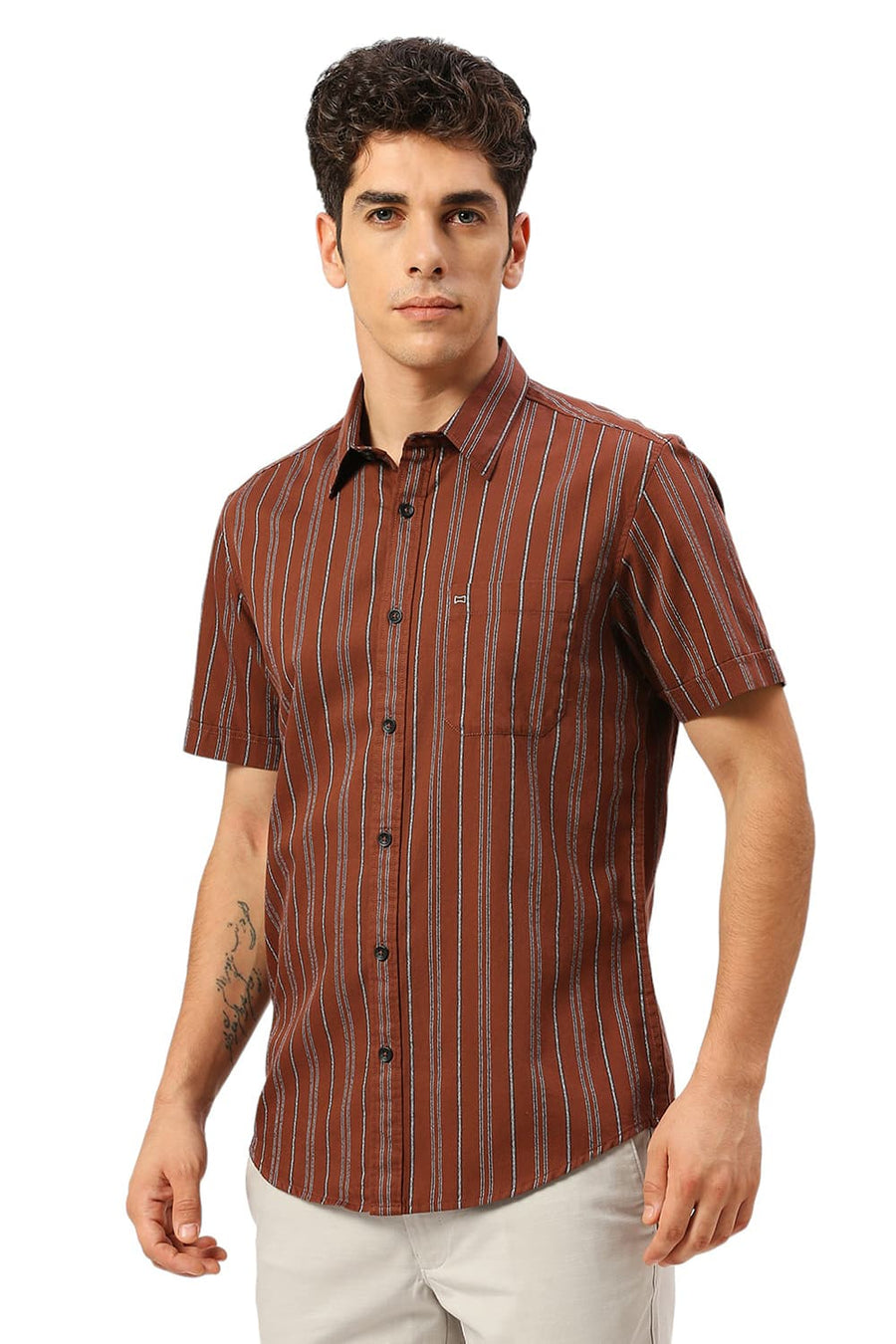 BASICS SLIM FIT BISON BROWN COTTON GRINDLE STRIPE HALFSLEEVES SHIRT