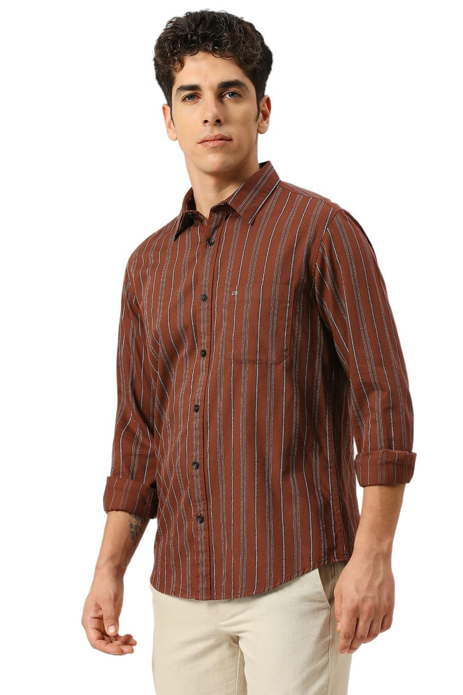 BASICS SLIM FIT BISON BROWN COTTON GRINDLE STRIPE SHIRT