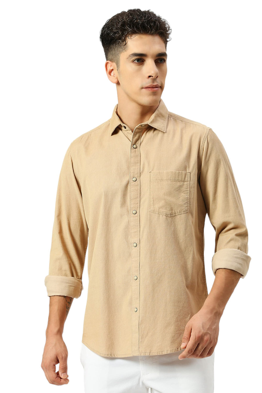 BASICS SLIM FIT CANDIED BEIGE COTTON CORD SHIRT