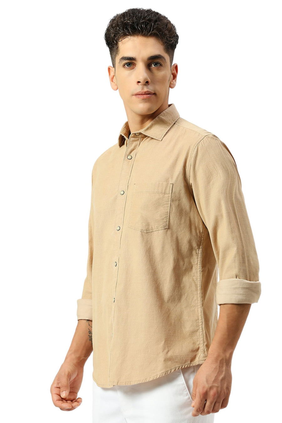 BASICS SLIM FIT CANDIED BEIGE COTTON CORD SHIRT