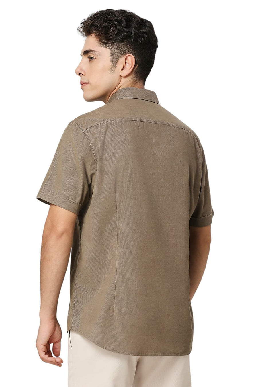 BASICS SLIM FIT SMOKEY OLIVE COTTON CORD HALFSLEEVES SHIRT