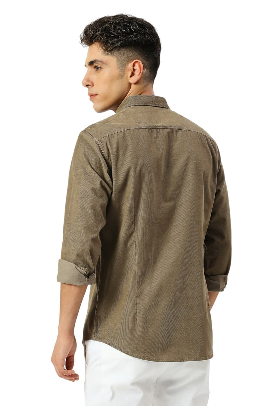 BASICS SLIM FIT SMOKEY OLIVE COTTON CORD SHIRT