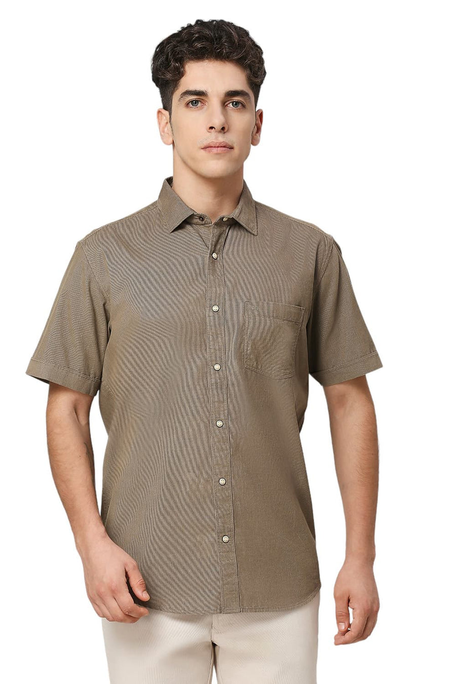 BASICS SLIM FIT SMOKEY OLIVE COTTON CORD HALFSLEEVES SHIRT