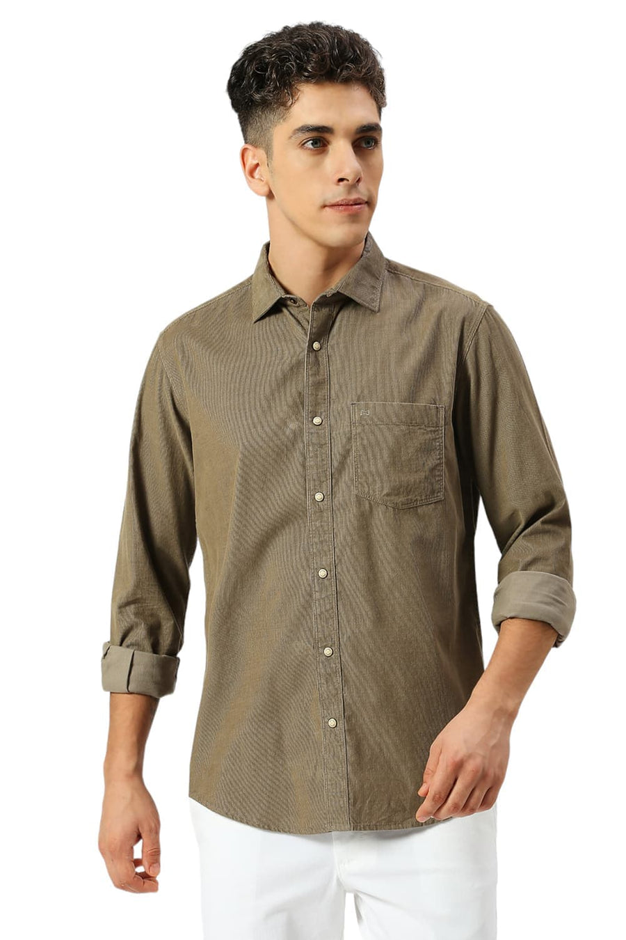BASICS SLIM FIT SMOKEY OLIVE COTTON CORD SHIRT