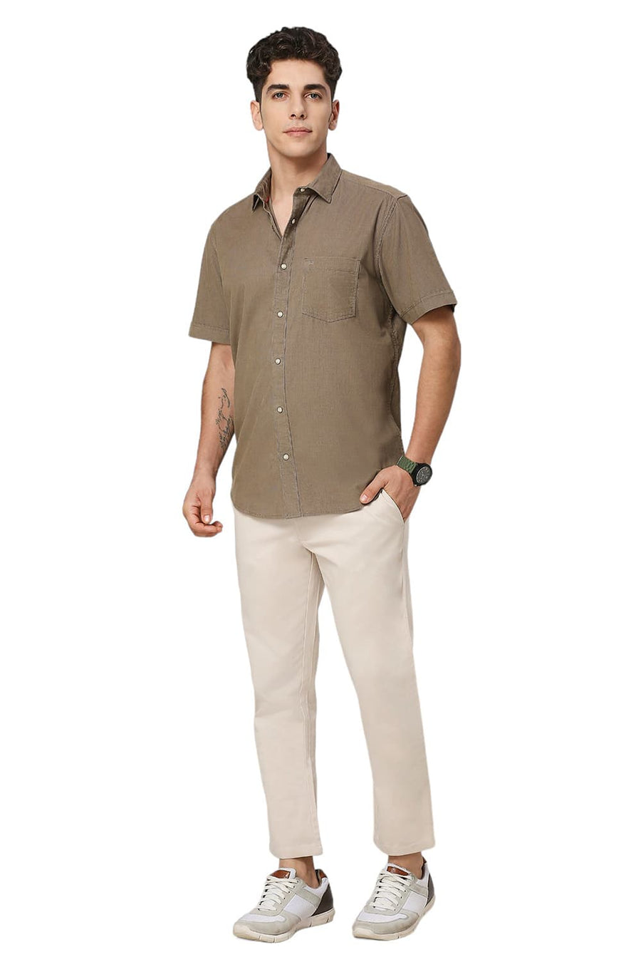BASICS SLIM FIT SMOKEY OLIVE COTTON CORD HALFSLEEVES SHIRT
