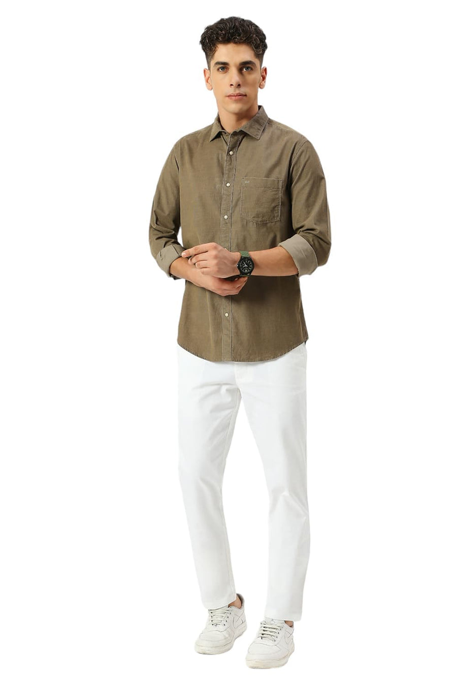 BASICS SLIM FIT SMOKEY OLIVE COTTON CORD SHIRT