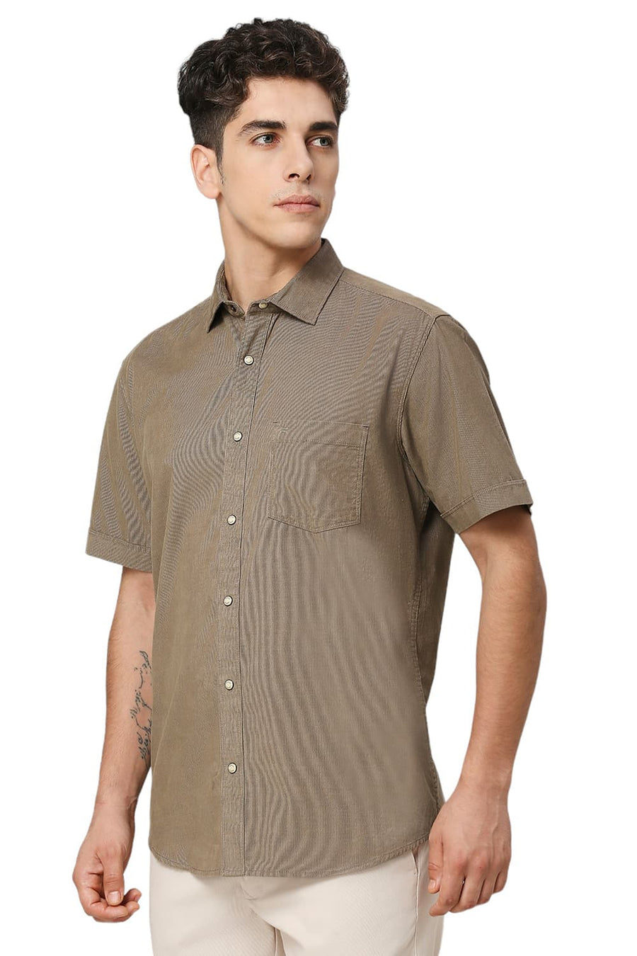 BASICS SLIM FIT SMOKEY OLIVE COTTON CORD HALFSLEEVES SHIRT