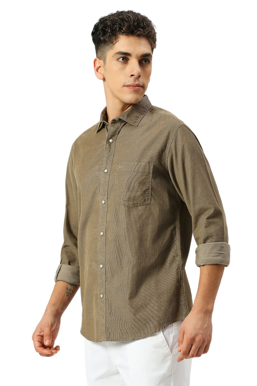BASICS SLIM FIT SMOKEY OLIVE COTTON CORD SHIRT