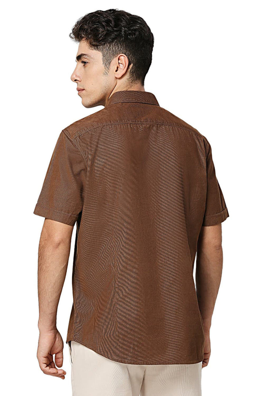 BASICS SLIM FIT COCOA BROWN COTTON CORD HALFSLEEVES SHIRT