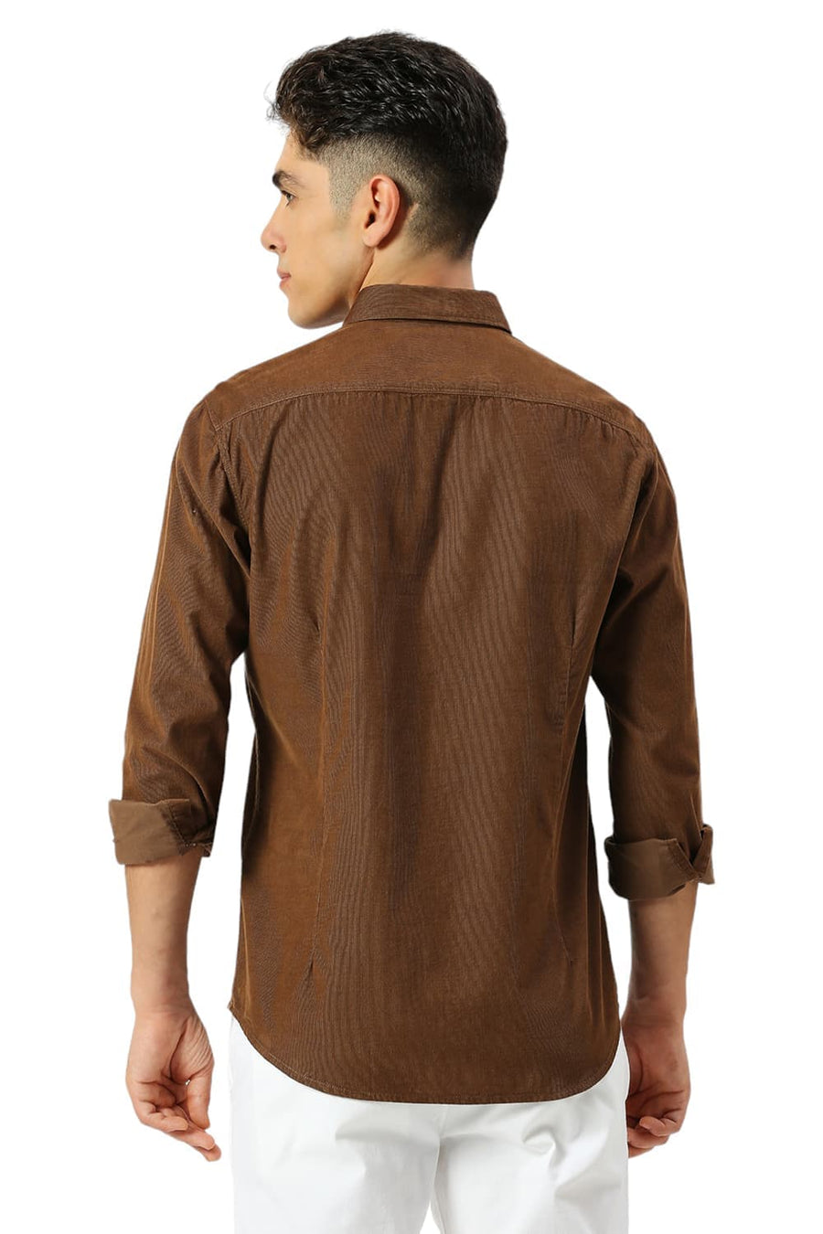 BASICS SLIM FIT COCOA BROWN COTTON CORD SHIRT
