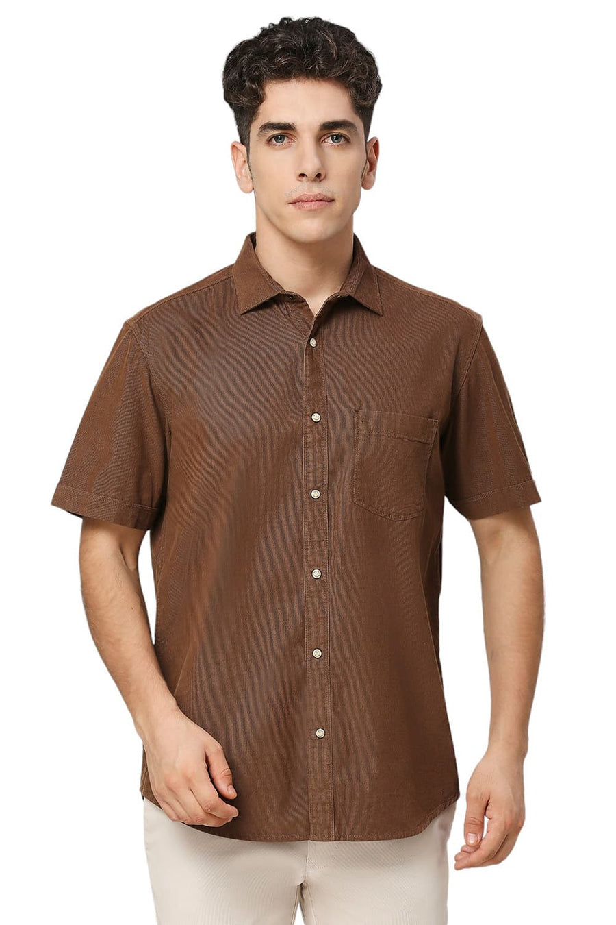 BASICS SLIM FIT COCOA BROWN COTTON CORD HALFSLEEVES SHIRT