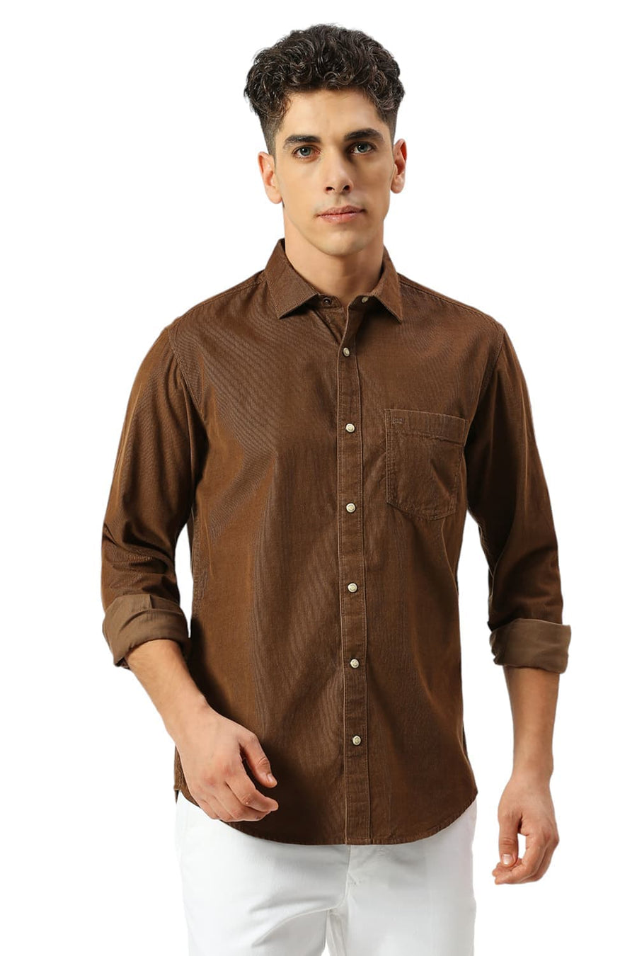BASICS SLIM FIT COCOA BROWN COTTON CORD SHIRT
