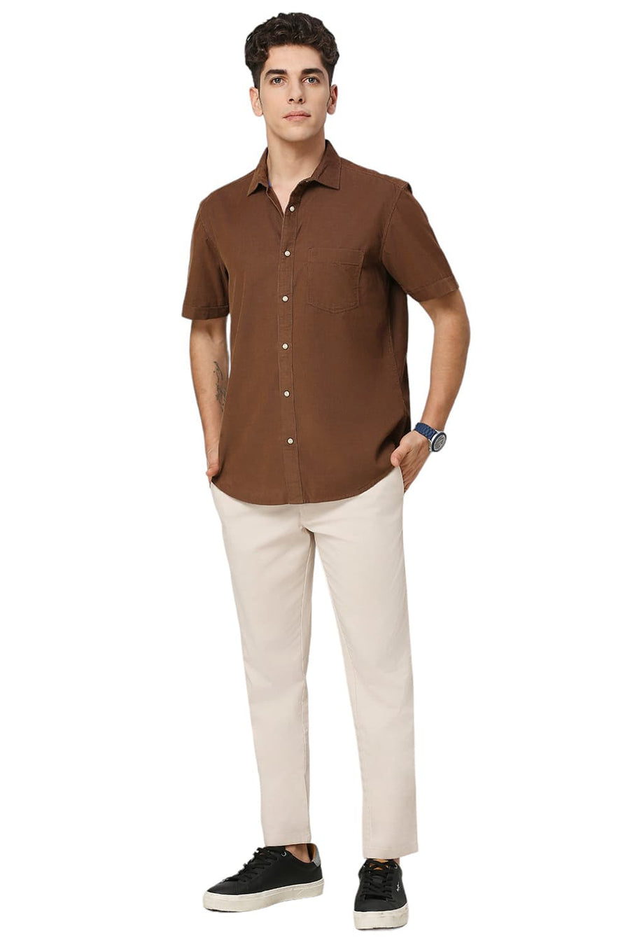BASICS SLIM FIT COCOA BROWN COTTON CORD HALFSLEEVES SHIRT