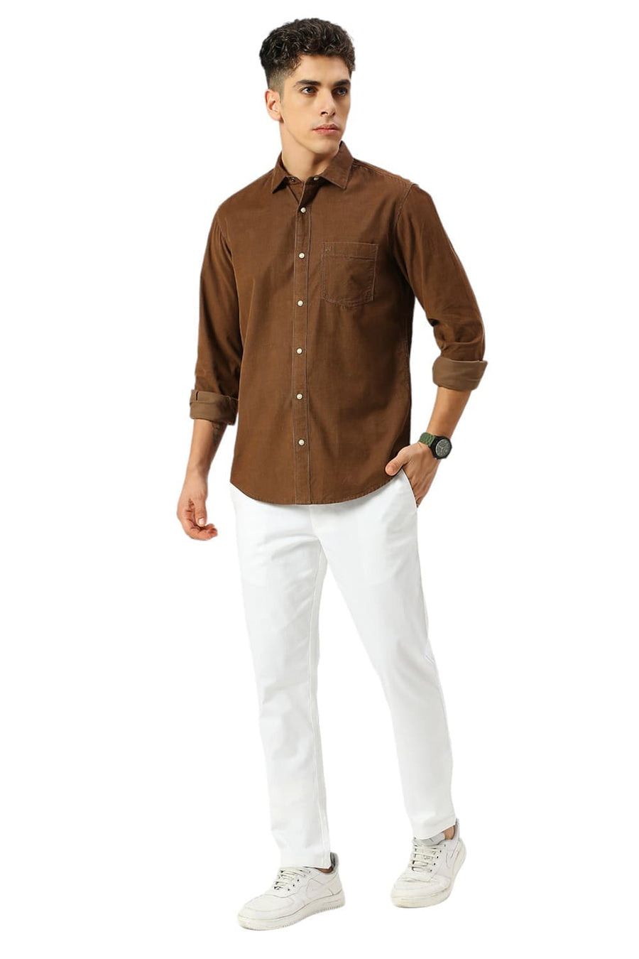 BASICS SLIM FIT COCOA BROWN COTTON CORD SHIRT