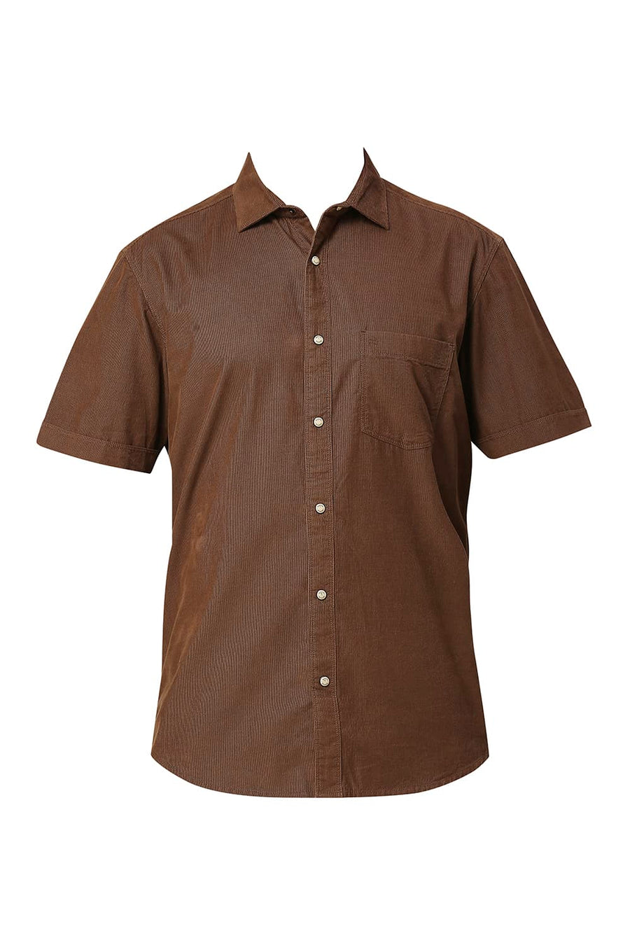 BASICS SLIM FIT COCOA BROWN COTTON CORD HALFSLEEVES SHIRT