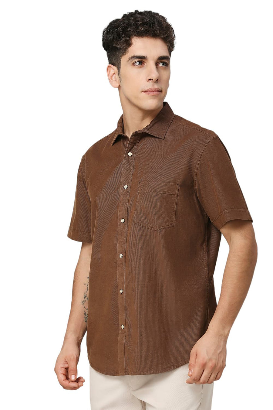BASICS SLIM FIT COCOA BROWN COTTON CORD HALFSLEEVES SHIRT
