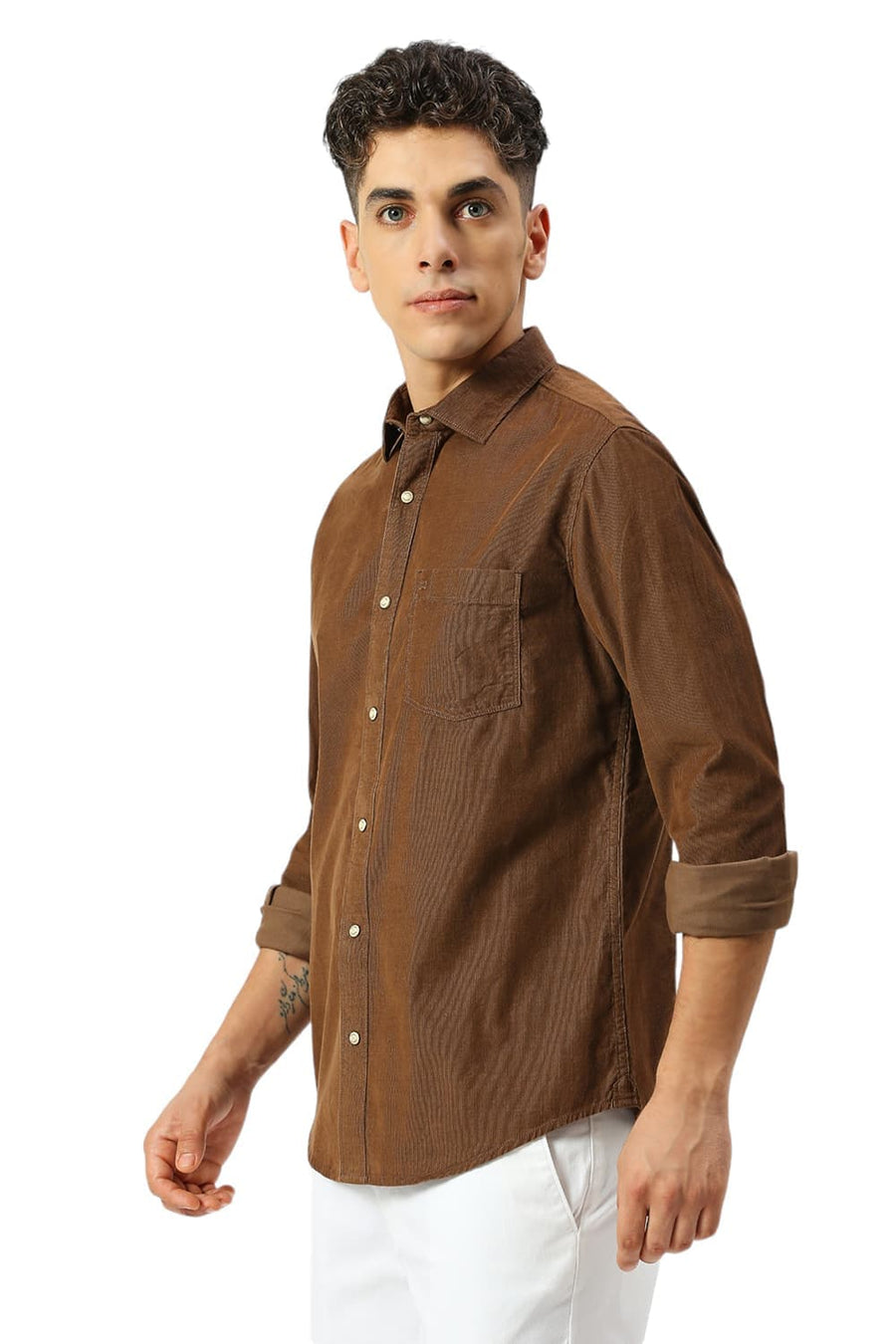 BASICS SLIM FIT COCOA BROWN COTTON CORD SHIRT
