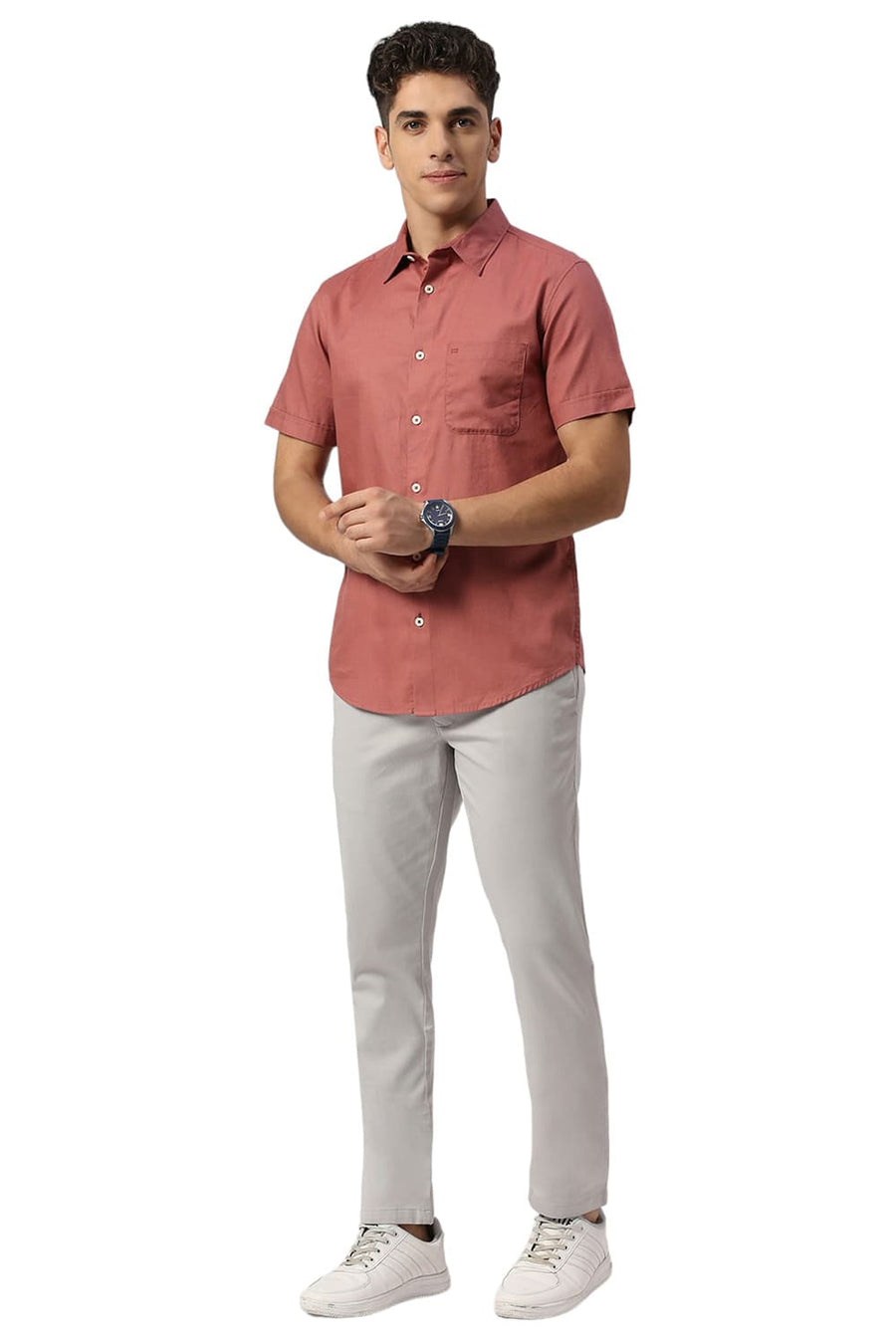 BASICS SLIM FIT COWHIDE RED COTTON DOBBY HALFSLEEVES SHIRT