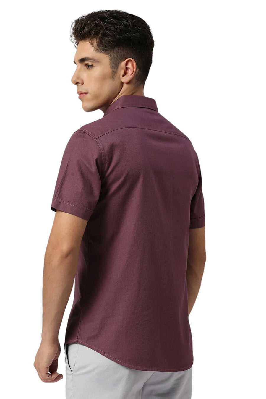 BASICS SLIM FIT HAWTHORN PURPLE COTTON DOBBY HALFSLEEVES SHIRT