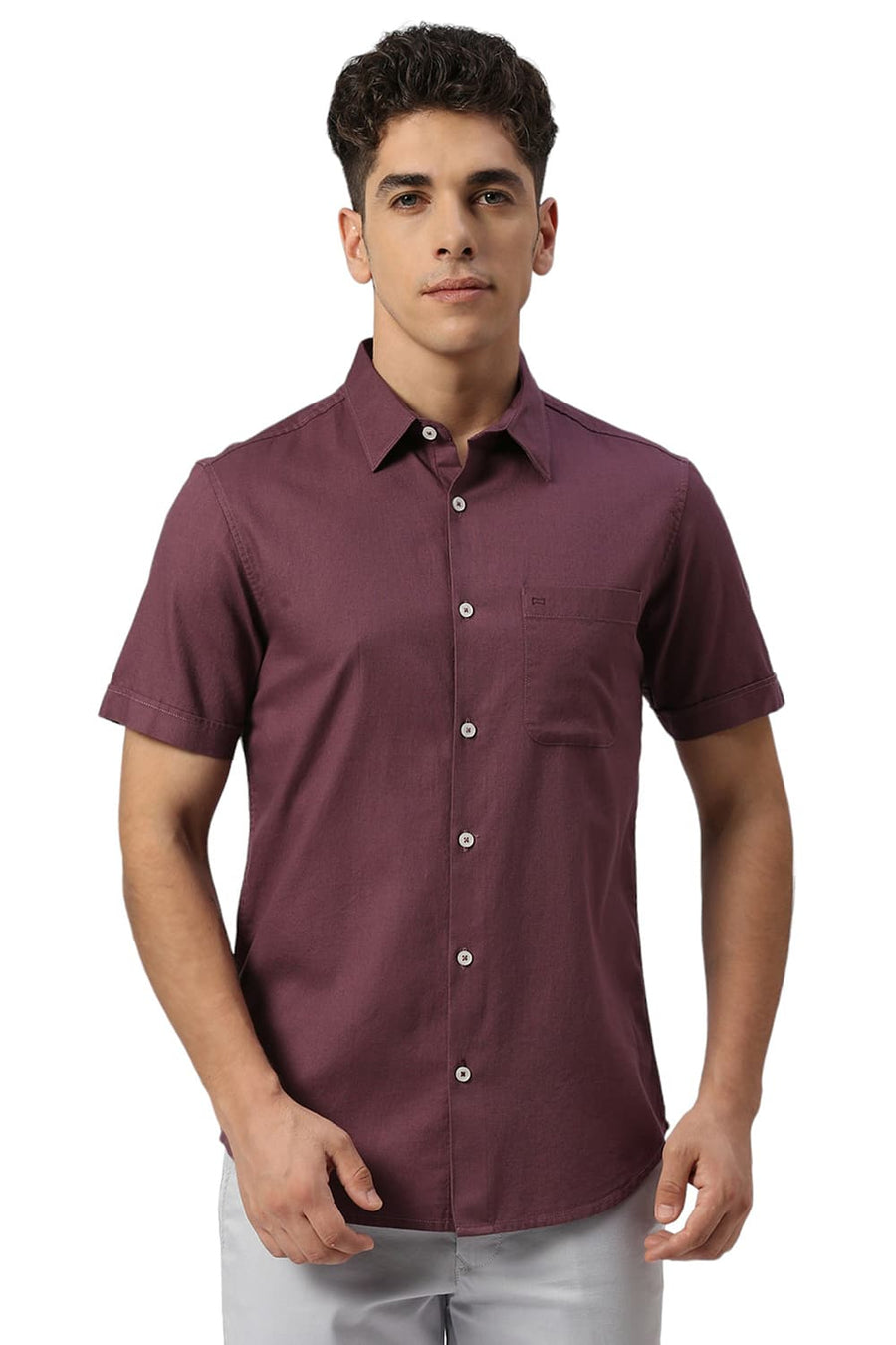 BASICS SLIM FIT HAWTHORN PURPLE COTTON DOBBY HALFSLEEVES SHIRT