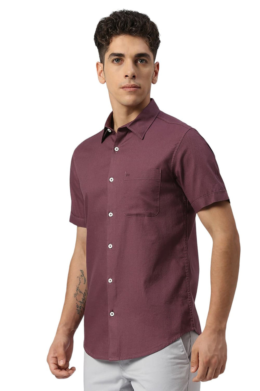 BASICS SLIM FIT HAWTHORN PURPLE COTTON DOBBY HALFSLEEVES SHIRT