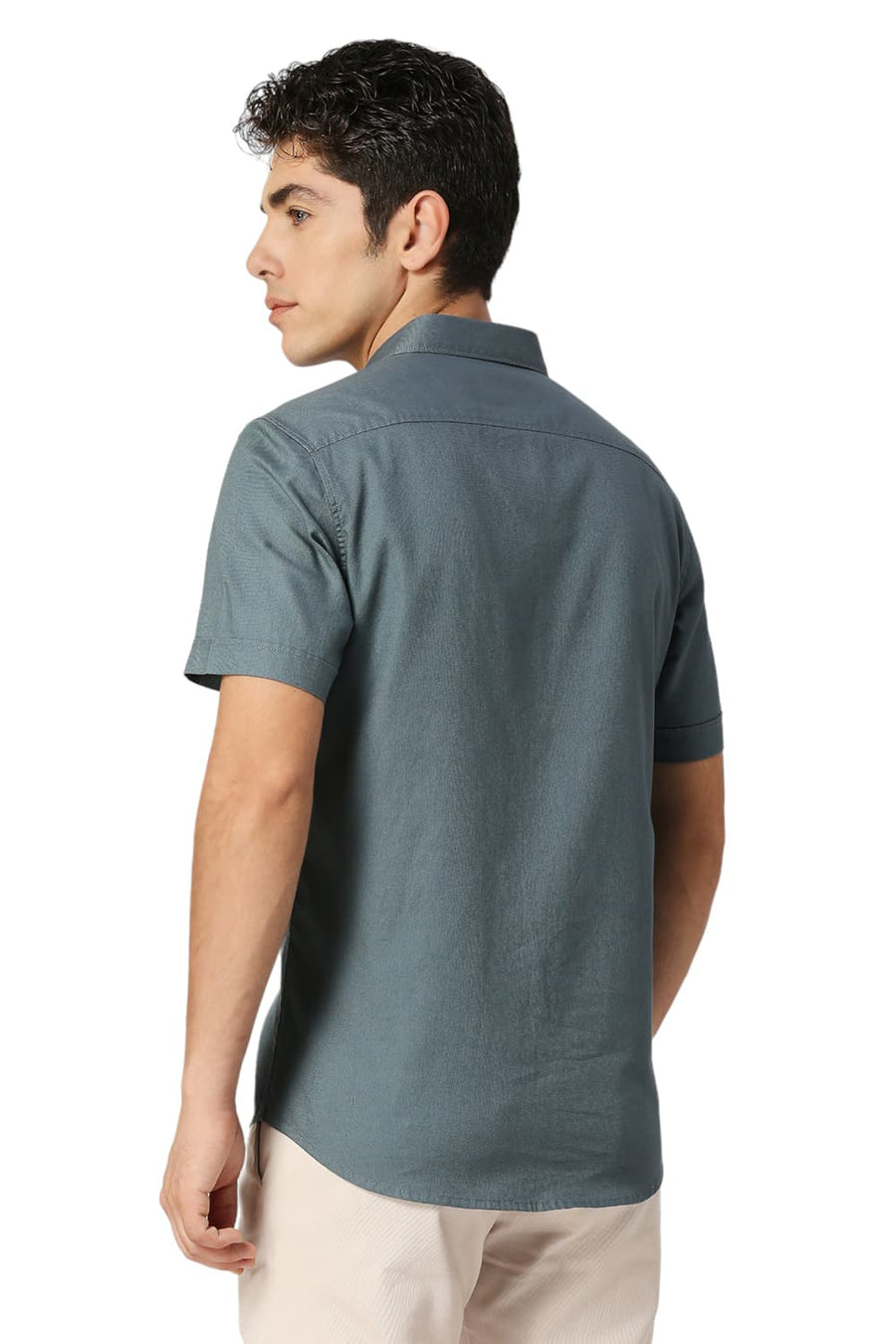 BASICS SLIM FIT ORION TEAL COTTON DOBBY HALFSLEEVES SHIRT