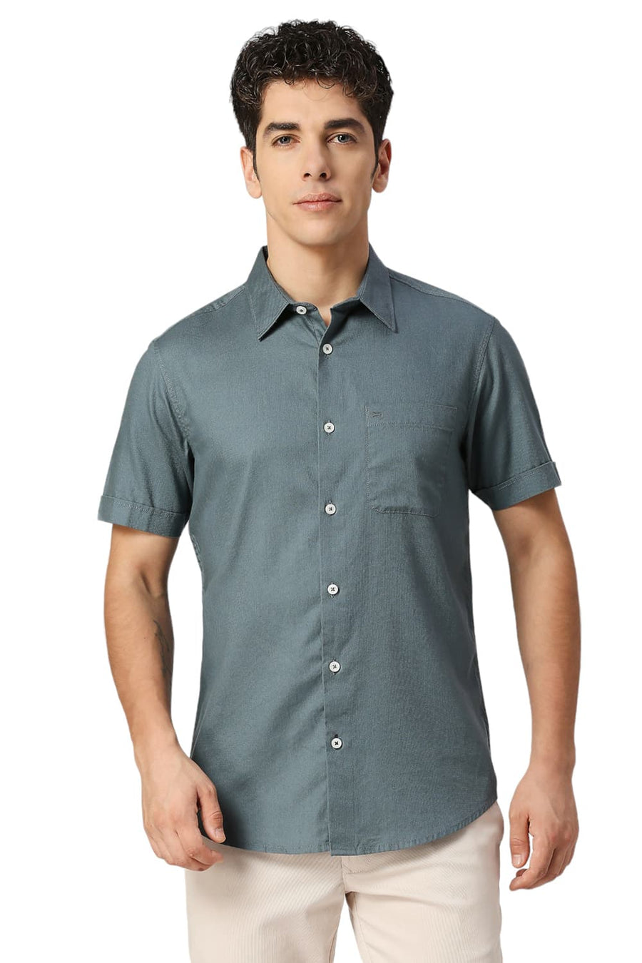 BASICS SLIM FIT ORION TEAL COTTON DOBBY HALFSLEEVES SHIRT