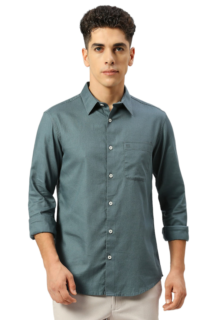 BASICS SLIM FIT ORION TEAL COTTON DOBBY SHIRT