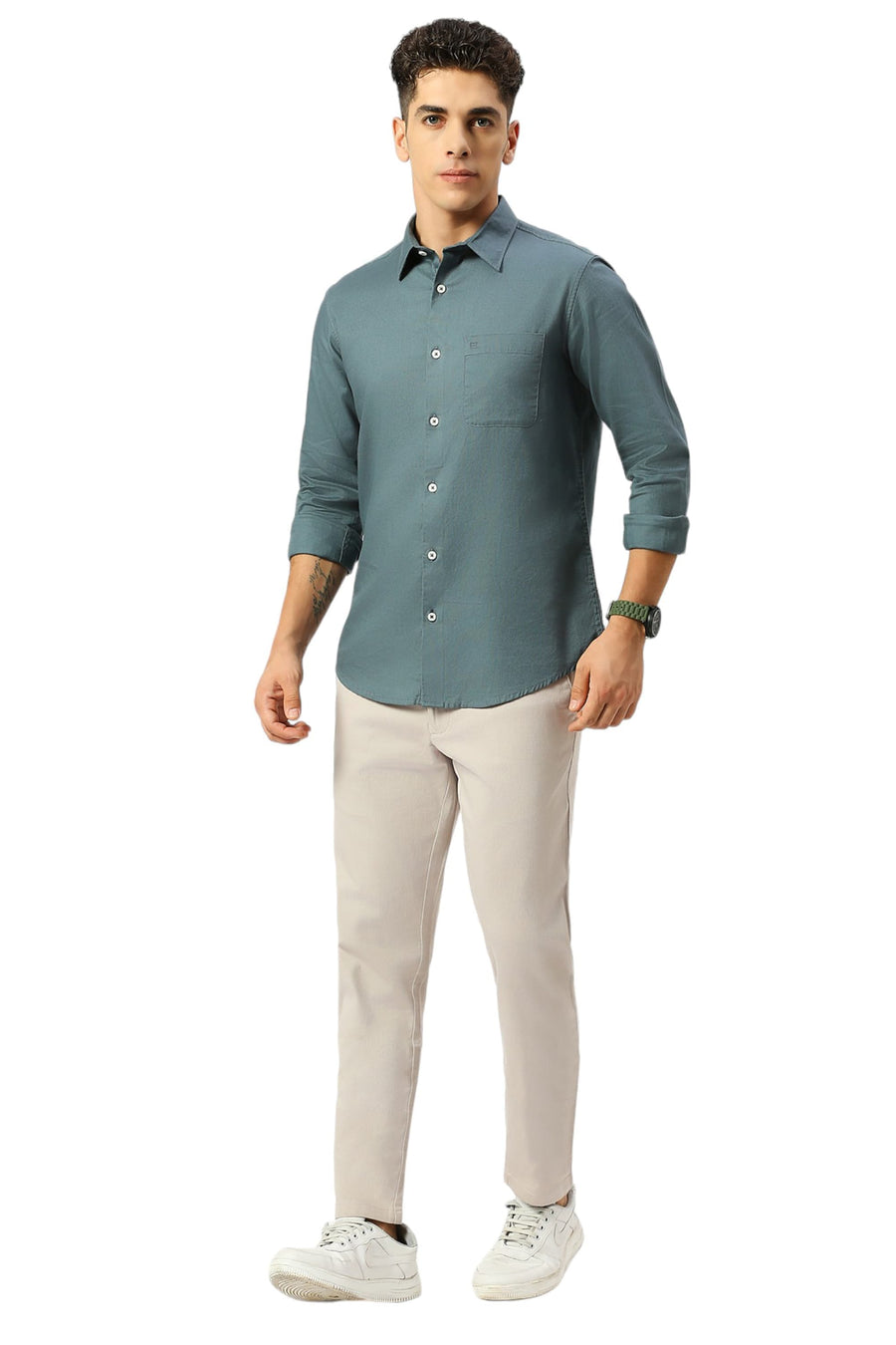 BASICS SLIM FIT ORION TEAL COTTON DOBBY SHIRT