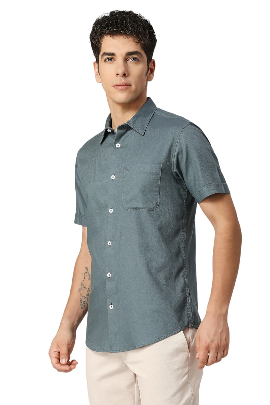 BASICS SLIM FIT ORION TEAL COTTON DOBBY HALFSLEEVES SHIRT