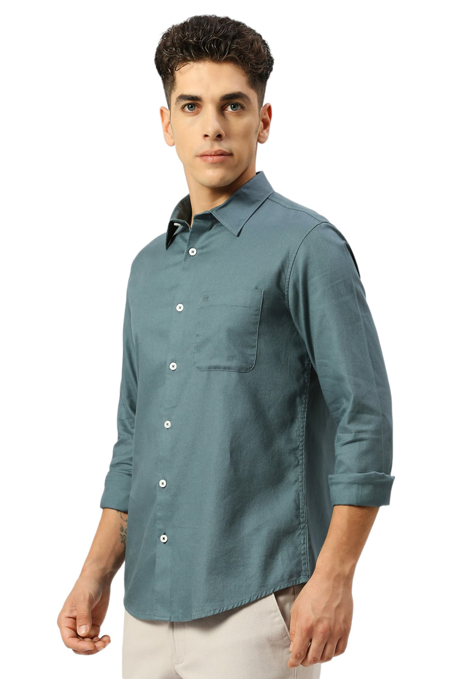 BASICS SLIM FIT ORION TEAL COTTON DOBBY SHIRT