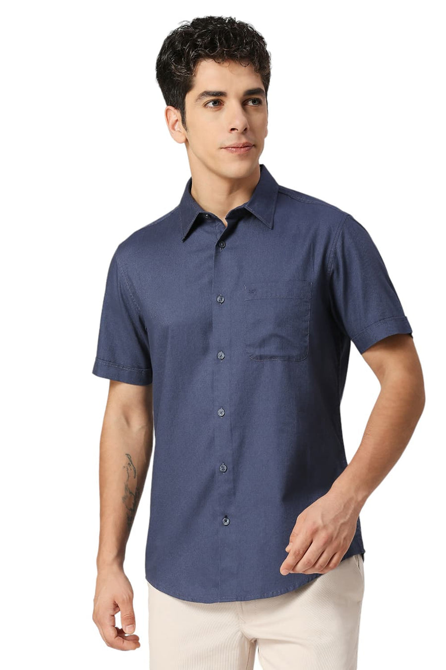 BASICS SLIM FIT BLUEFIN BLUE COTTON DOBBY HALFSLEEVES SHIRT