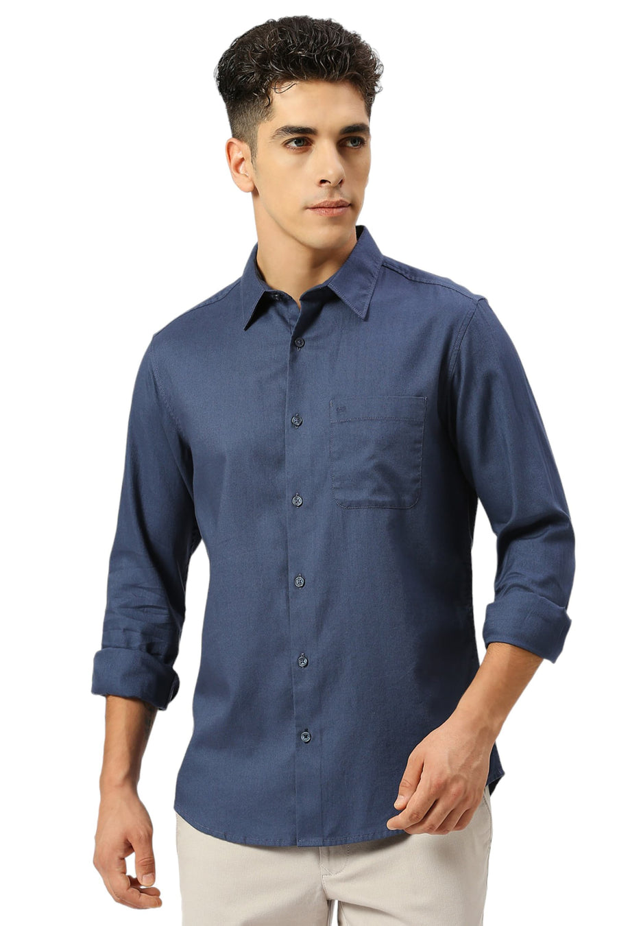 BASICS SLIM FIT BLUEFIN BLUE COTTON DOBBY SHIRT