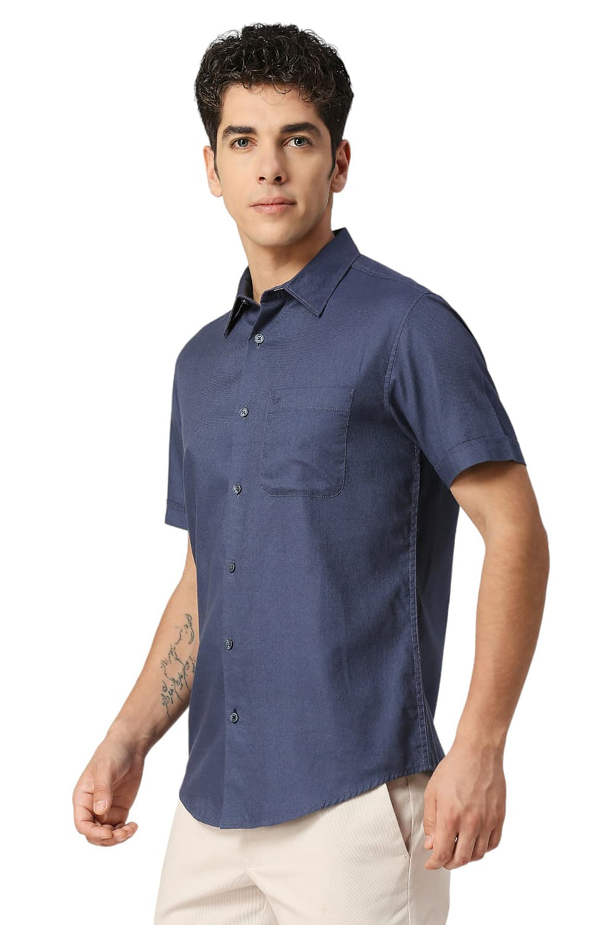 BASICS SLIM FIT BLUEFIN BLUE COTTON DOBBY HALFSLEEVES SHIRT