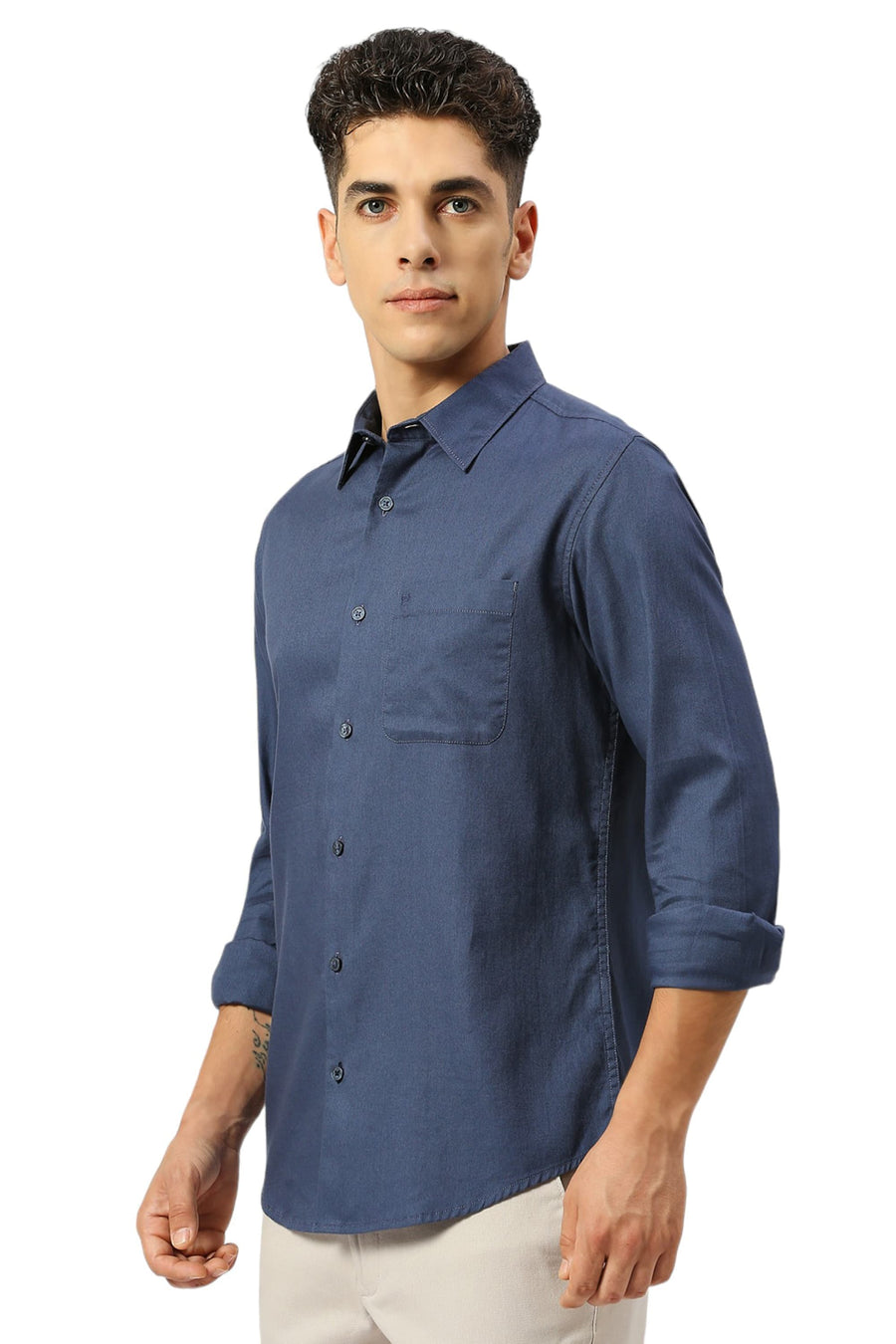 BASICS SLIM FIT BLUEFIN BLUE COTTON DOBBY SHIRT