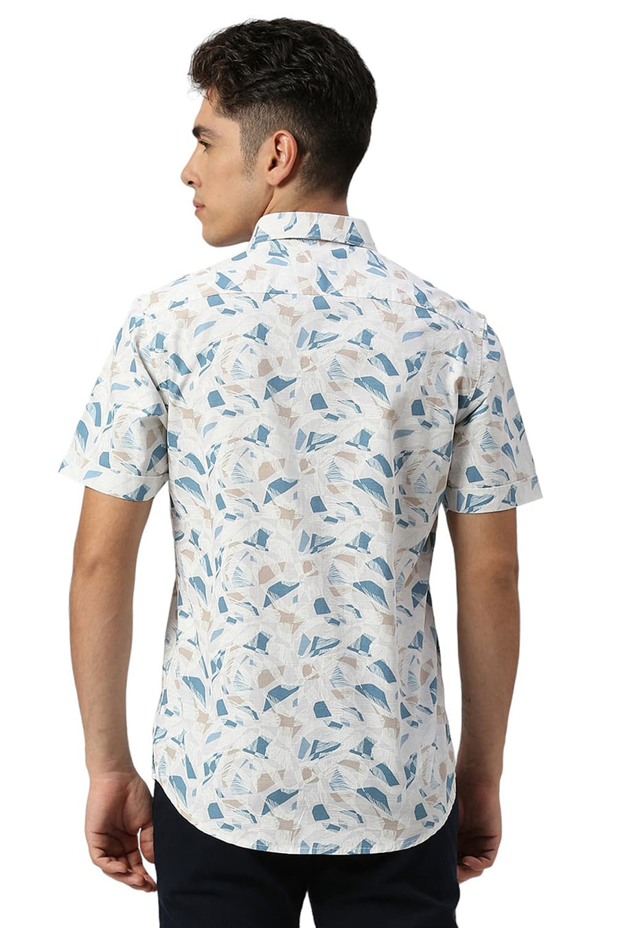 BASICS SLIM FIT SOYBEAN ECRU COTTON SLUB PRINTED HALFSLEEVES SHIRT