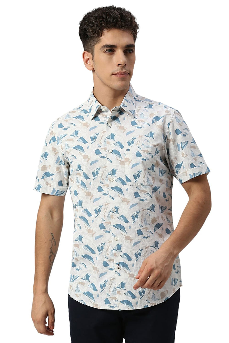 BASICS SLIM FIT SOYBEAN ECRU COTTON SLUB PRINTED HALFSLEEVES SHIRT