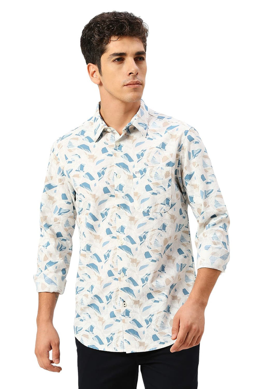 BASICS SLIM FIT SOYBEAN ECRU COTTON SLUB PRINTED SHIRT