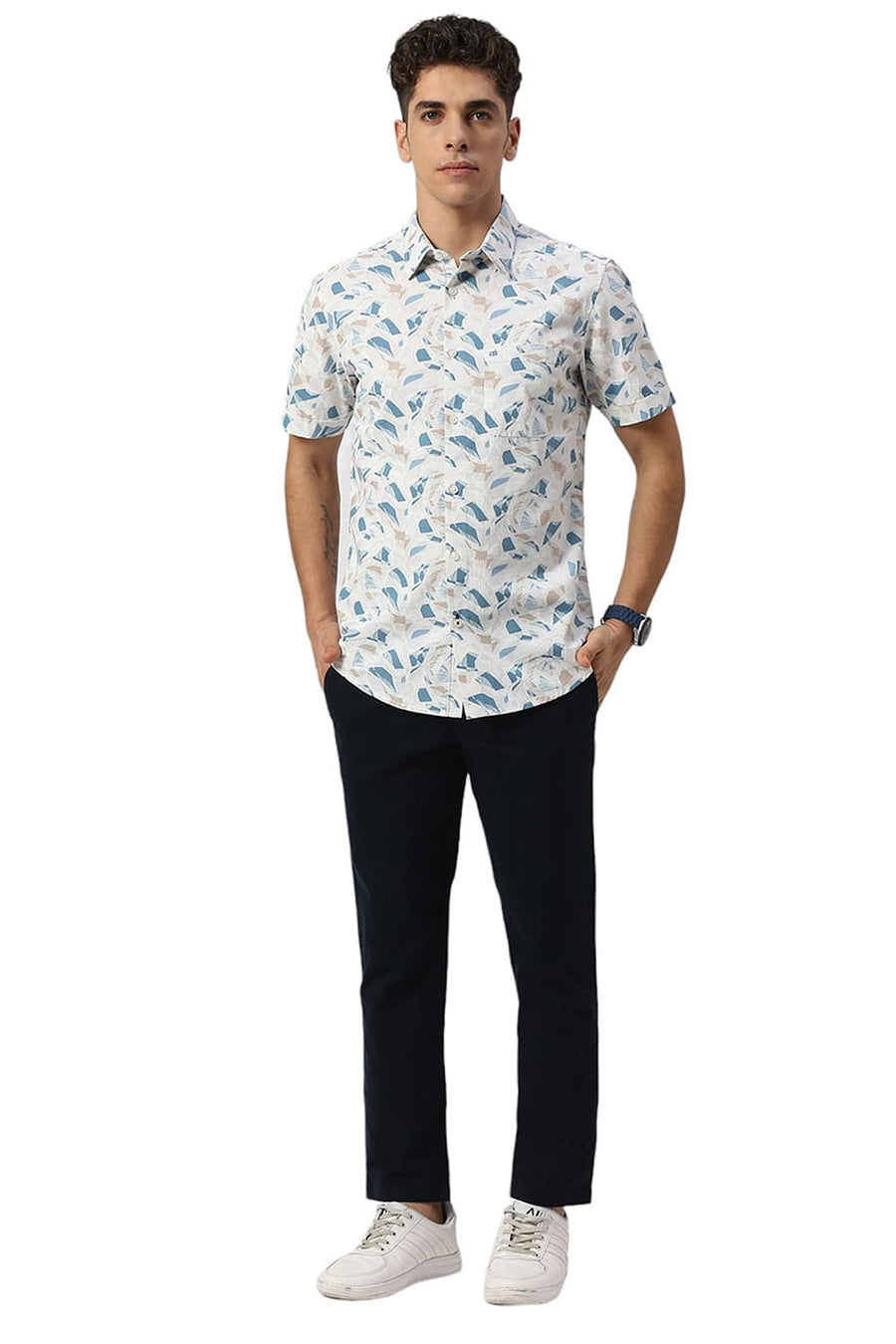 BASICS SLIM FIT SOYBEAN ECRU COTTON SLUB PRINTED HALFSLEEVES SHIRT