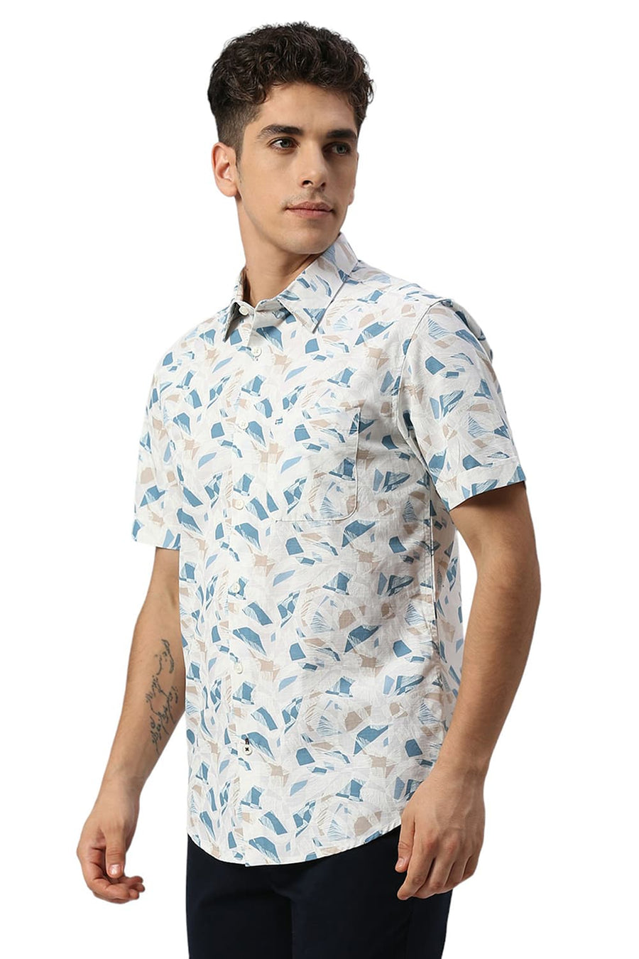 BASICS SLIM FIT SOYBEAN ECRU COTTON SLUB PRINTED HALFSLEEVES SHIRT