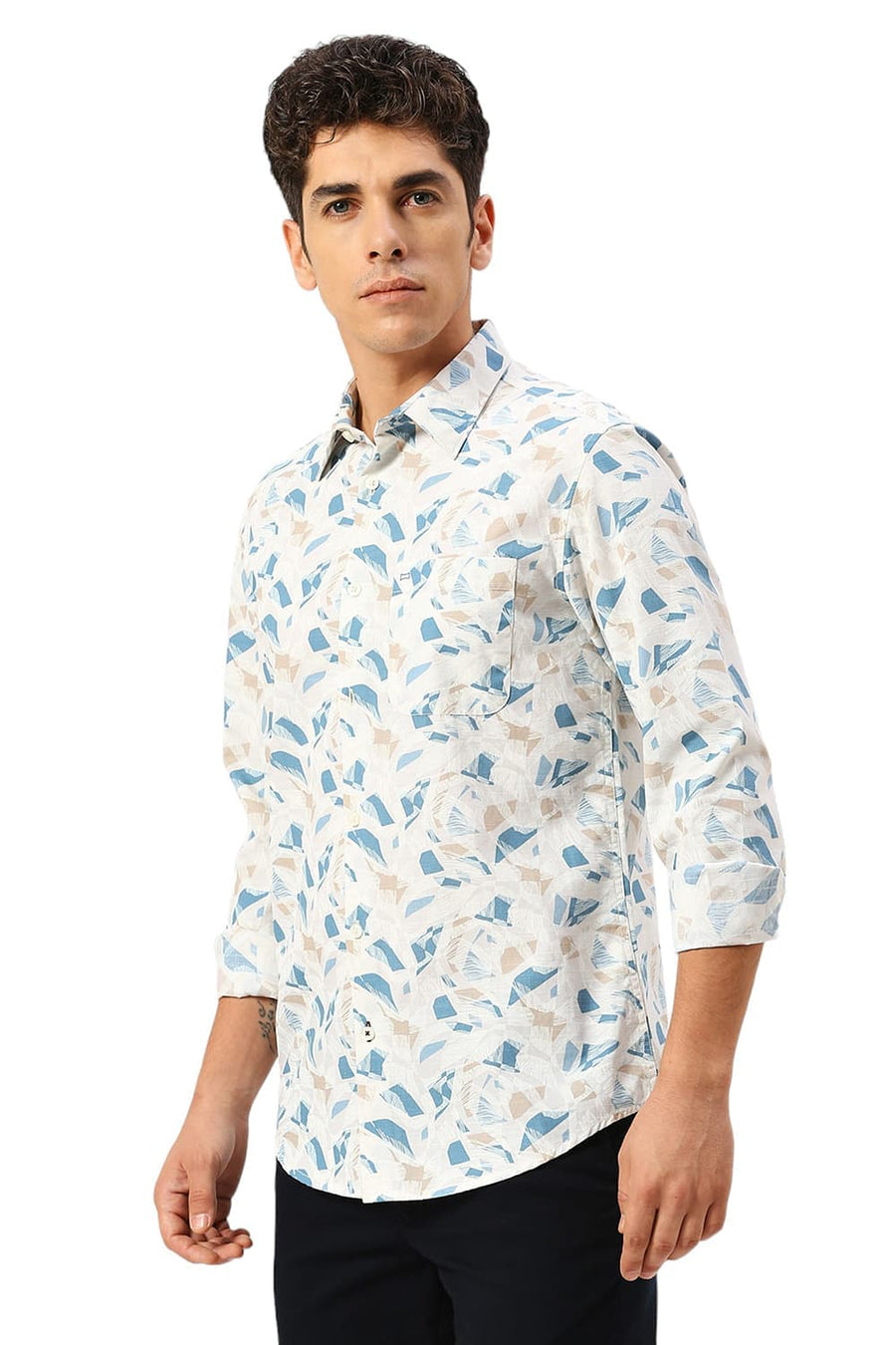 BASICS SLIM FIT SOYBEAN ECRU COTTON SLUB PRINTED SHIRT