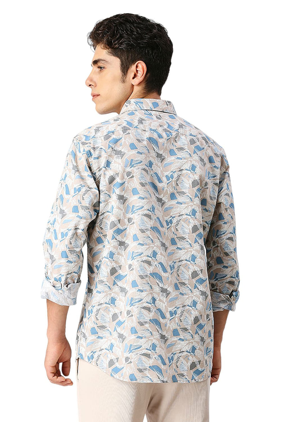 BASICS SLIM FIT BROWN BRULEE COTTON SLUB PRINTED SHIRT