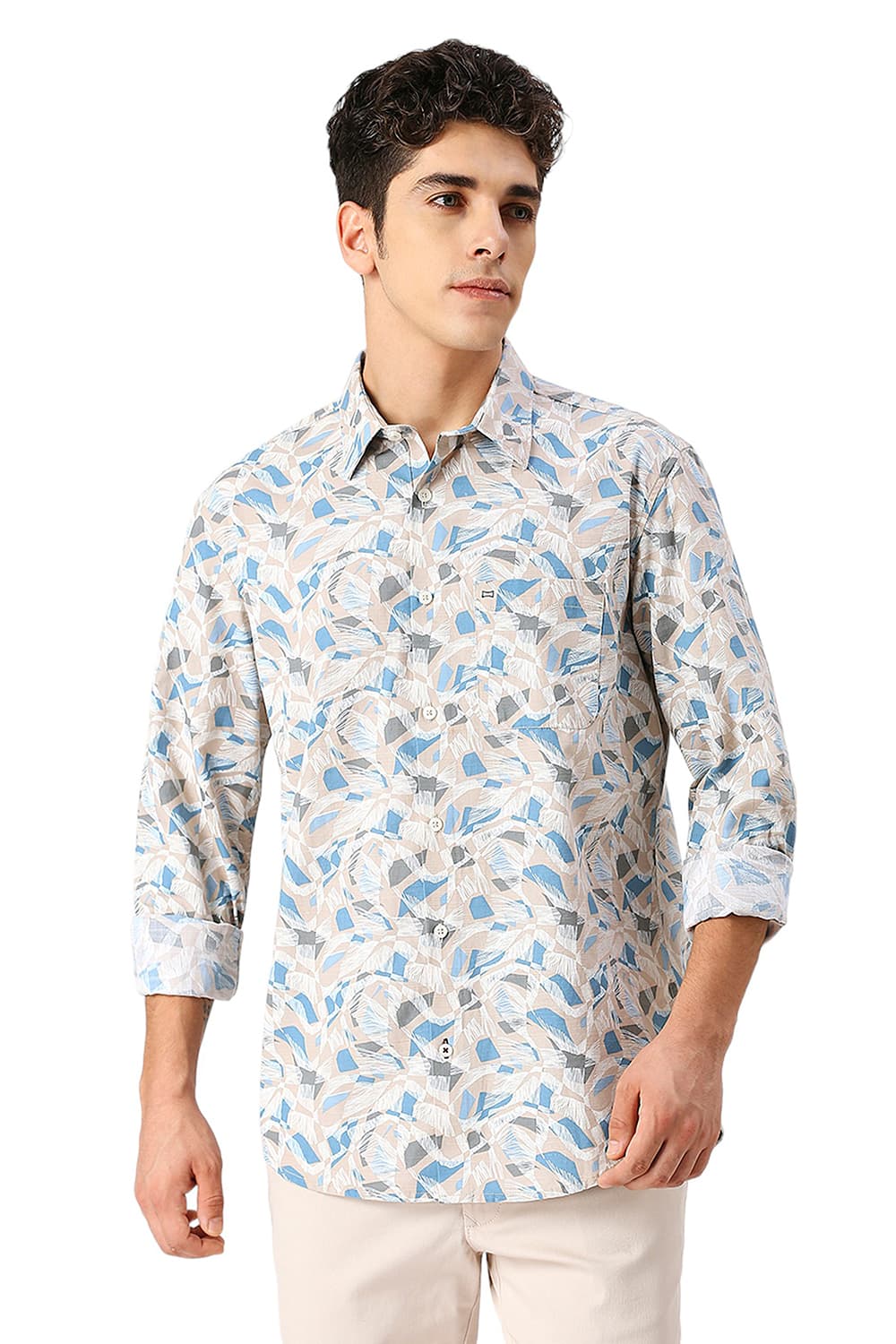 SLIM FIT COTTON SLUB PRINTED SHIRT