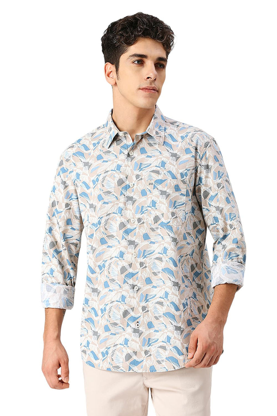 BASICS SLIM FIT BROWN BRULEE COTTON SLUB PRINTED SHIRT