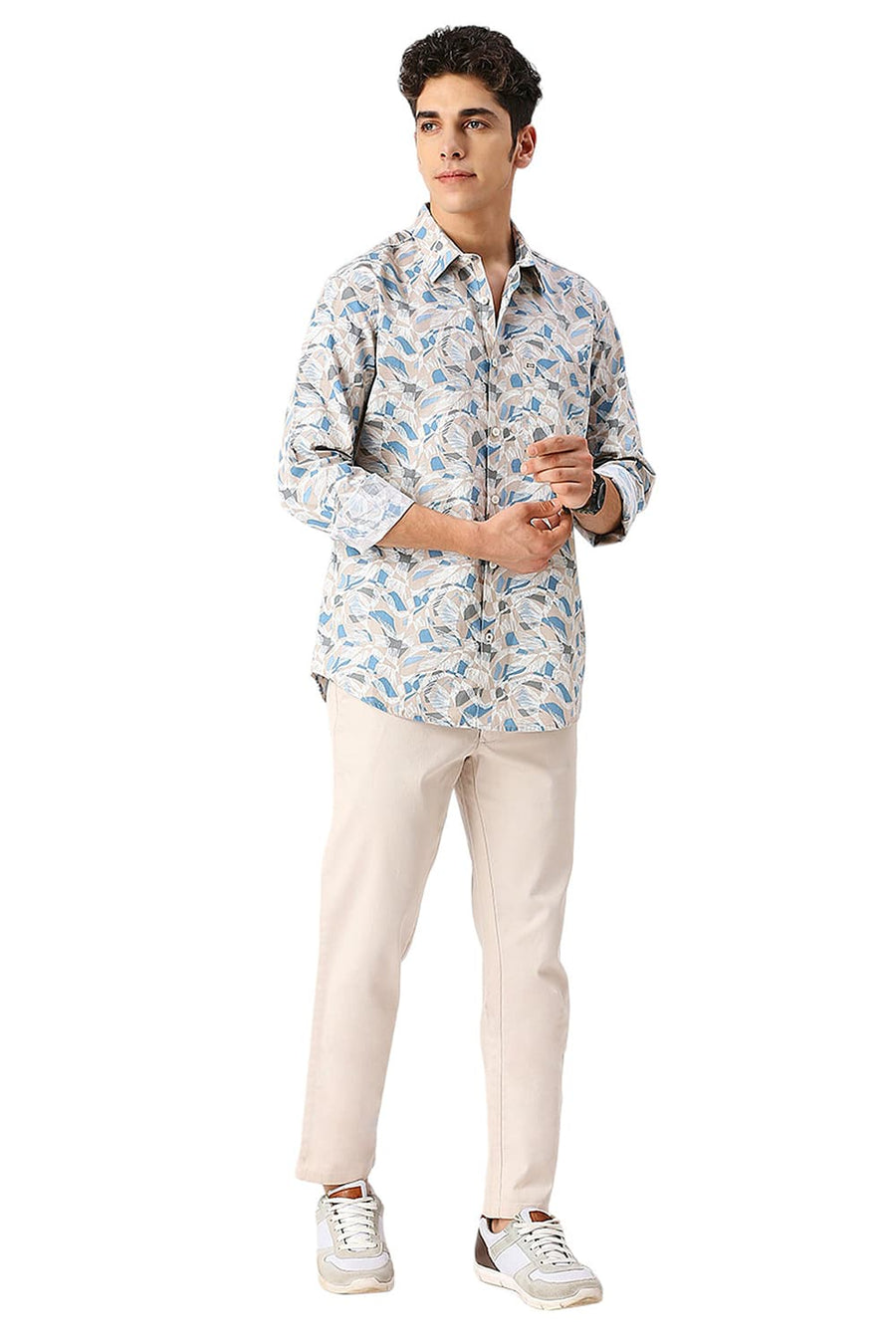 BASICS SLIM FIT BROWN BRULEE COTTON SLUB PRINTED SHIRT