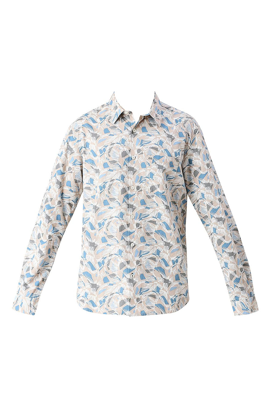 BASICS SLIM FIT BROWN BRULEE COTTON SLUB PRINTED SHIRT