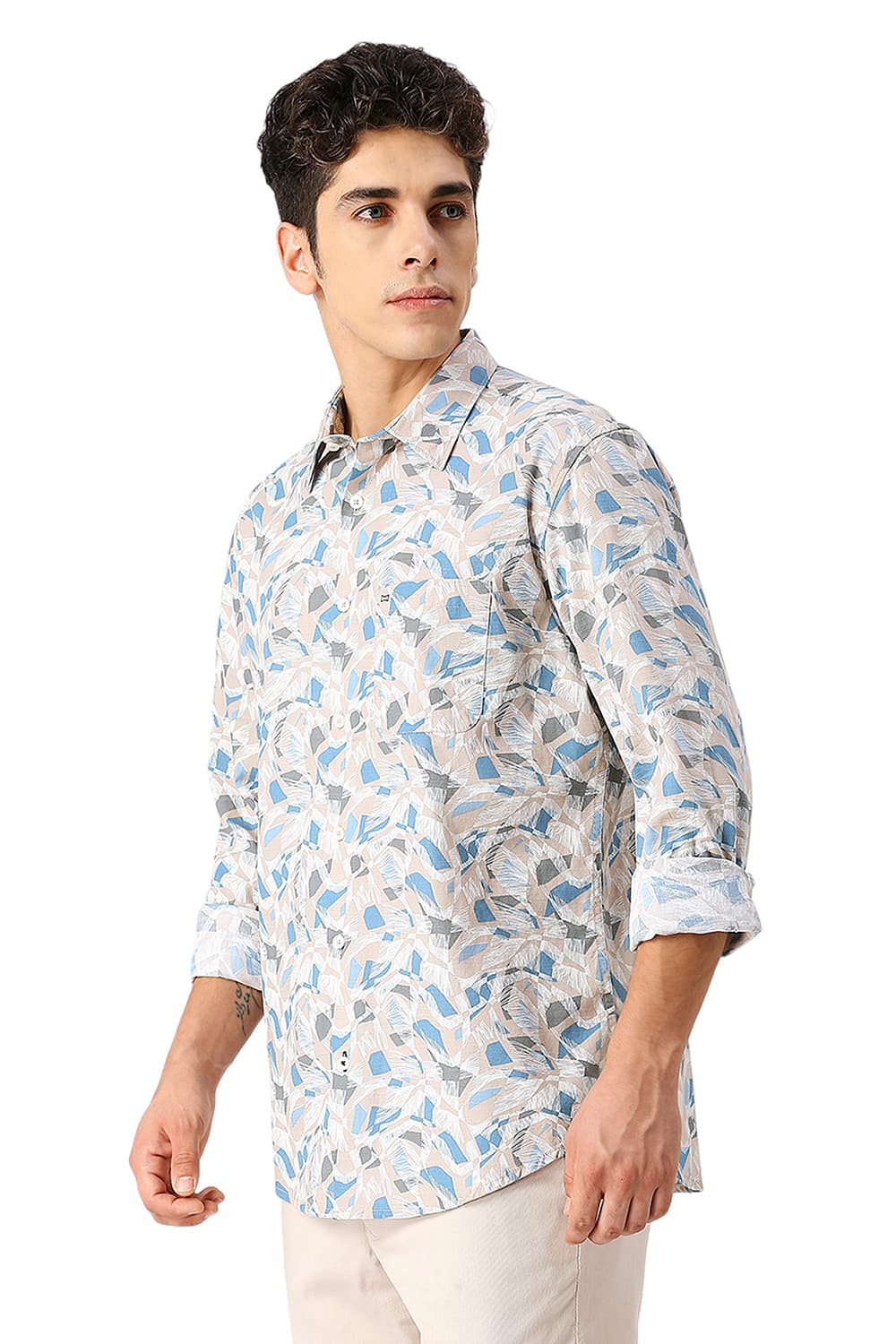 SLIM FIT COTTON SLUB PRINTED SHIRT